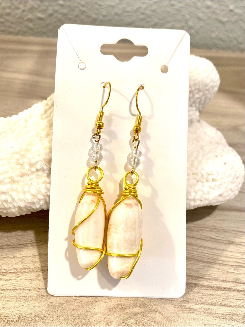 17. Handcrafted Gold-Wire Melbourne beach, FL lettered olive Shell Drop Earrings